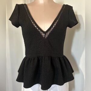 Free People Black Textured Peplum V‑Neck and back Top size S